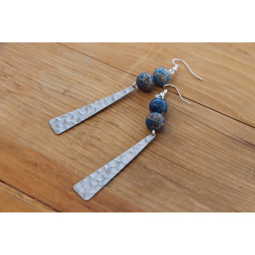 Blue jasper and silver rippled triangle dangle, statement earrings